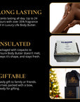 Advertisement for Luxury Life Body Butter with text and product images on a black background.