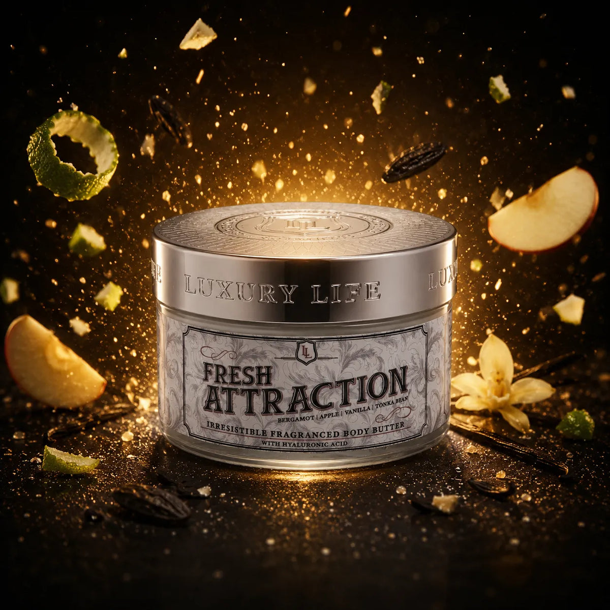 Fresh Attraction scented body butter surrounded by citrus, petals and spice, showing a crafted fragrance oil blend