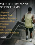 Person running on stairs with sports team names listed on a screen