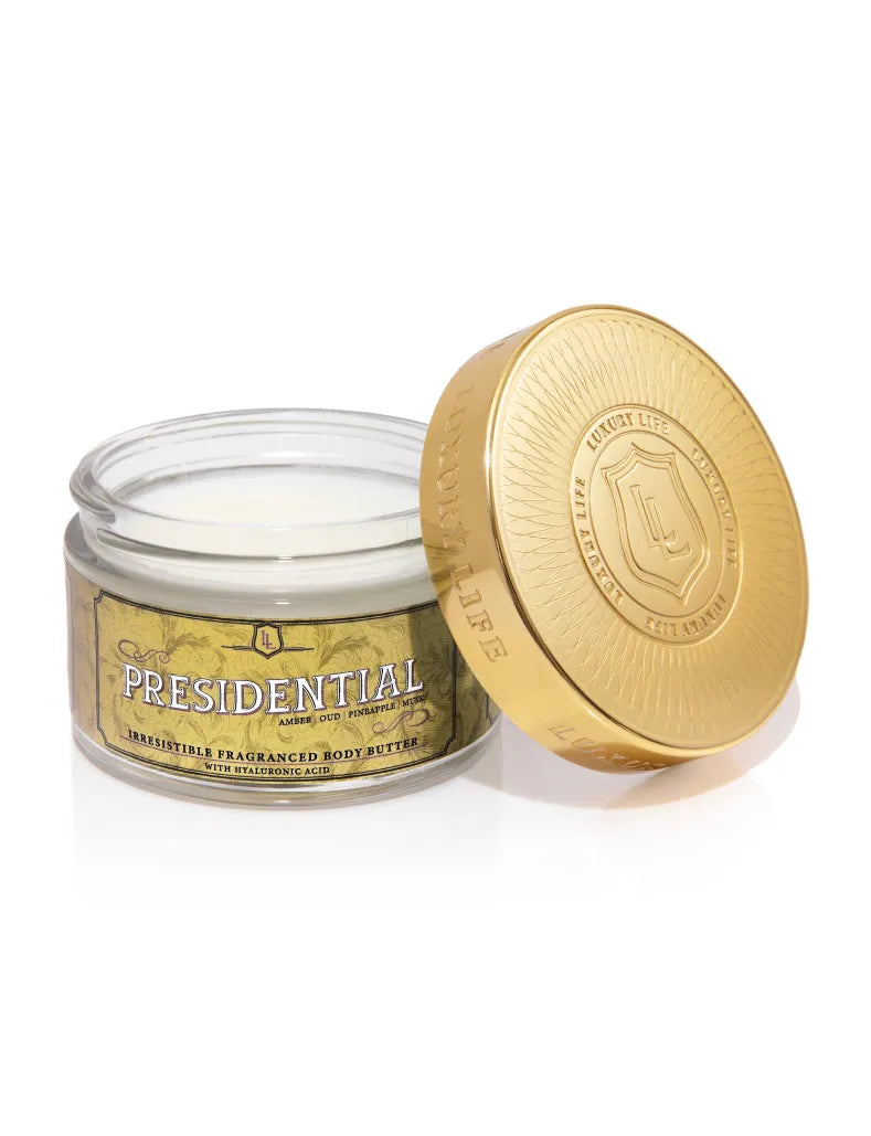 Jar of Presidential body butter with gold lid on a white background