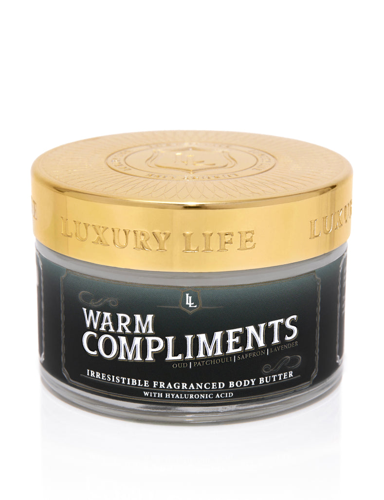 A person's hands place a 'Luxury Life Presidential' jar into a black and gold box.